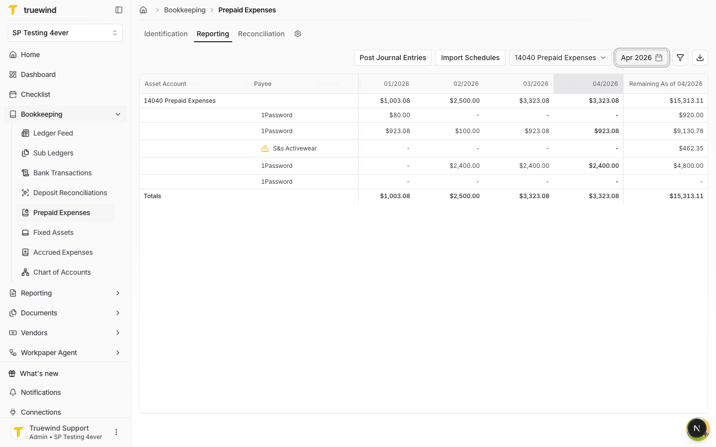 Reporting grid scrolled to monthly amortization and remaining balance columns