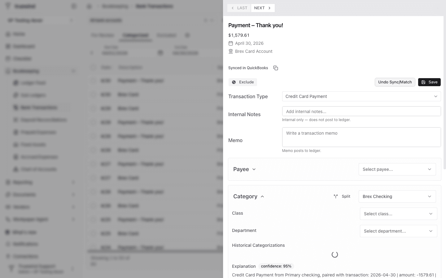 Bank transaction detail panel open for a synced payment transaction in Truewind.