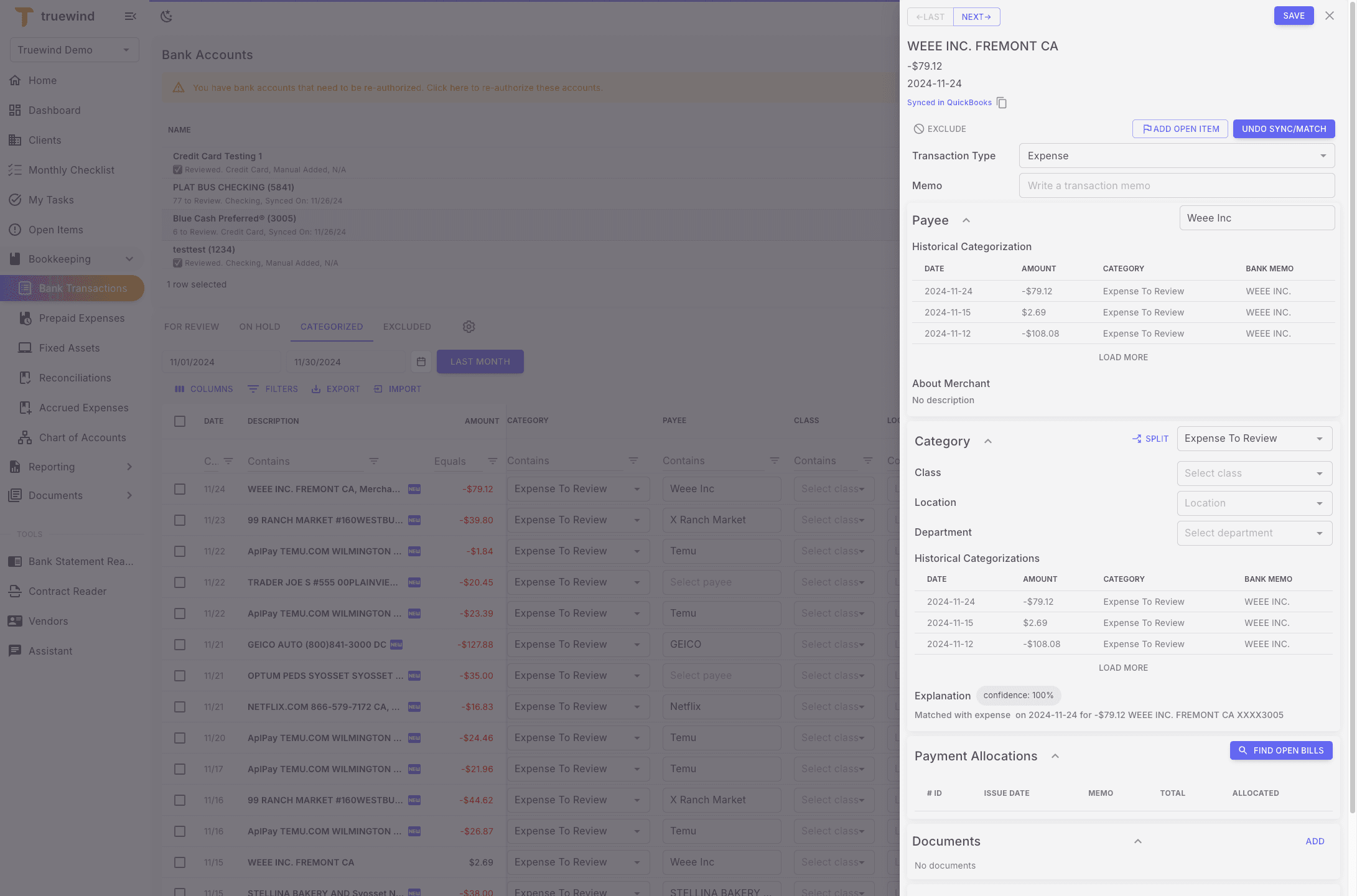 Screenshot showing Click Synced in Quickbooks