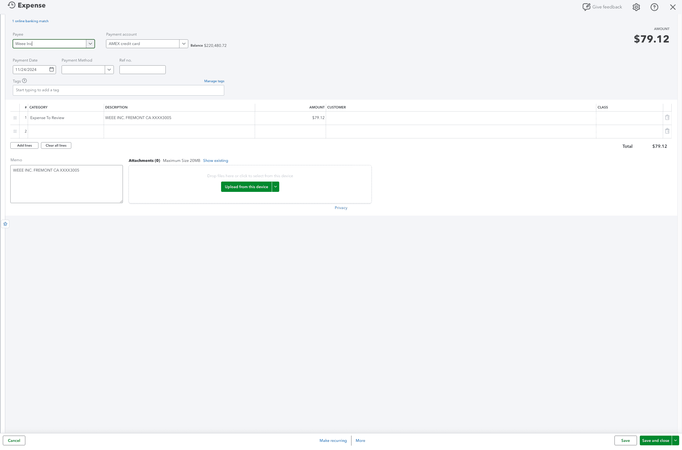 QuickBooks record showing an expense or deposit synced from Truewind with payee, account, description, payment account, and amount.