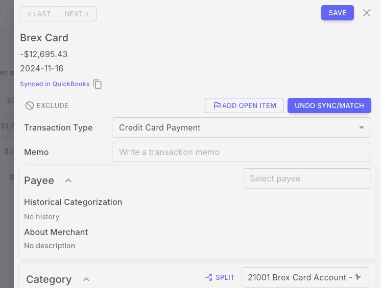 Screenshot showing Click Synced in Quickbooks
