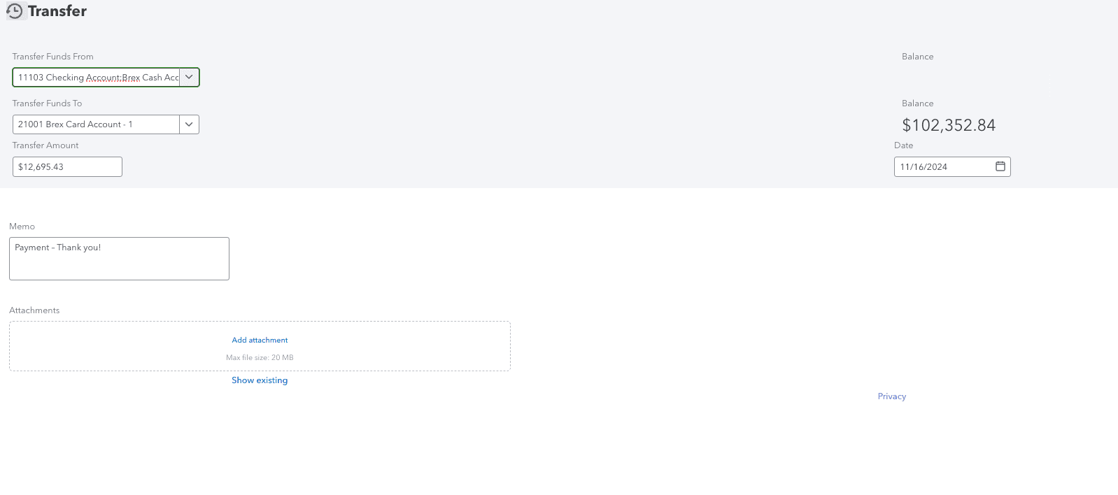 Screenshot showing You'll find a transfer synced to QuickBooks