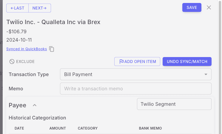 Screenshot showing Click Synced in QuickBooks