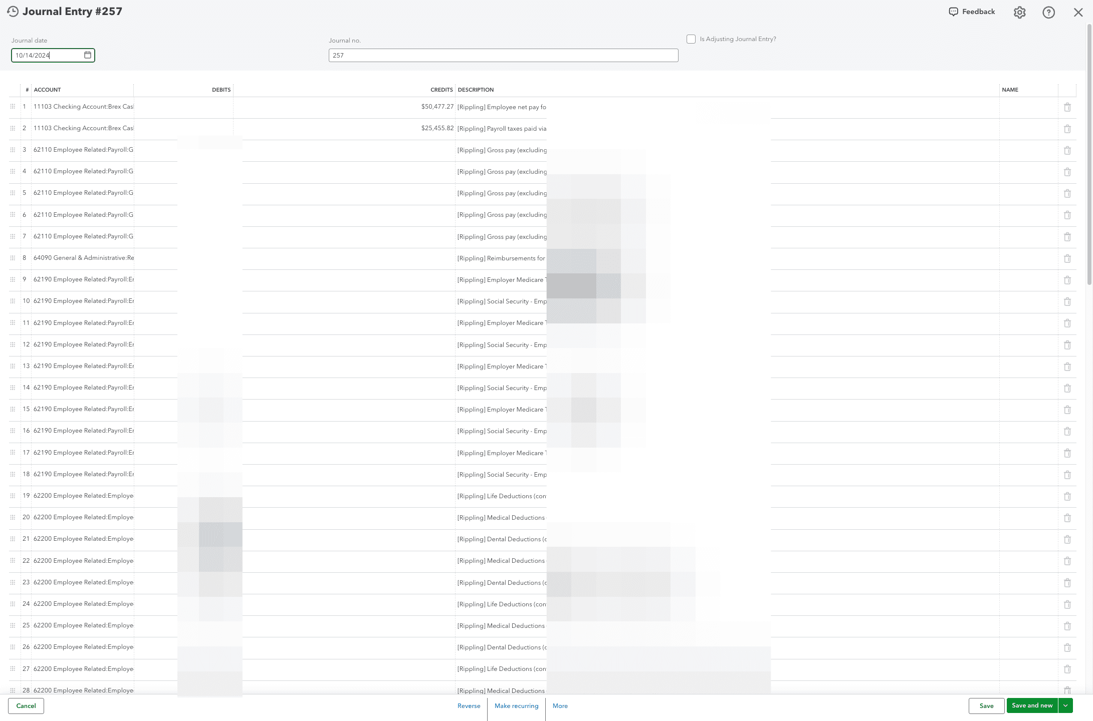QuickBooks journal entry or merchant statement record matched from Truewind.