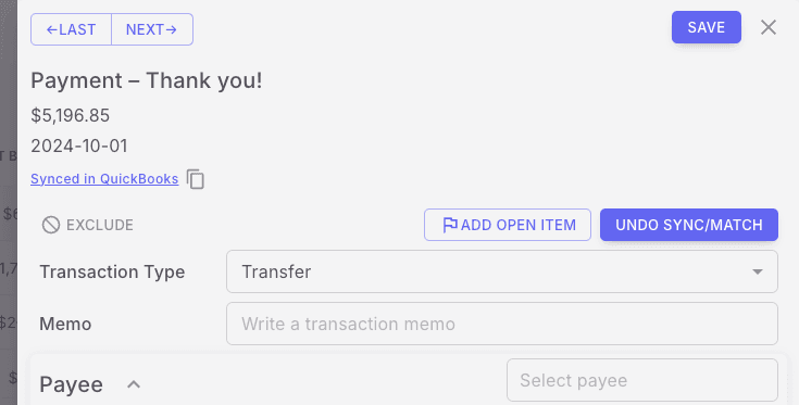 Screenshot showing Click Synced in QuickBooks