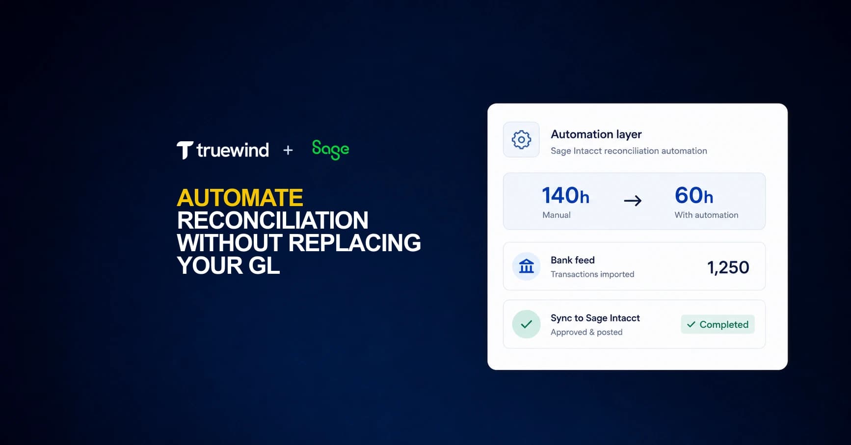 Dark blue Truewind blog cover showing Sage Intacct reconciliation automation without replacing the GL.