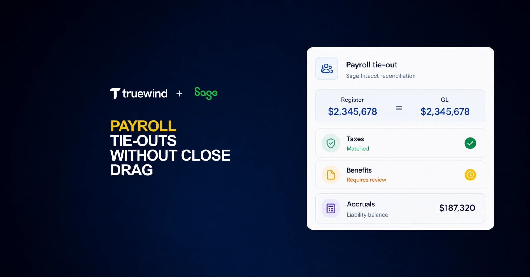 Dark blue Truewind blog cover showing payroll register tie-outs in Sage Intacct.