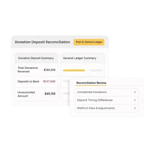 Donations workflow showing nonprofit revenue reconciliation