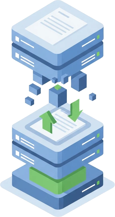 A clean, modern illustration showing a database being optimized and compressed. Visual metaphor of files being organized and compressed, with data fragments consolidating into streamlined structures. Cool blue and gray color scheme with hints of green to indicate improvement. Abstract geometric shapes representing database records being reorganized and indexed. Professional, technical aesthetic suitable for accounting software documentation.