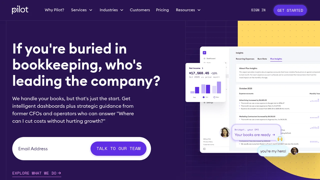 Pilot accounting platform homepage showing startup-focused bookkeeping and CFO services