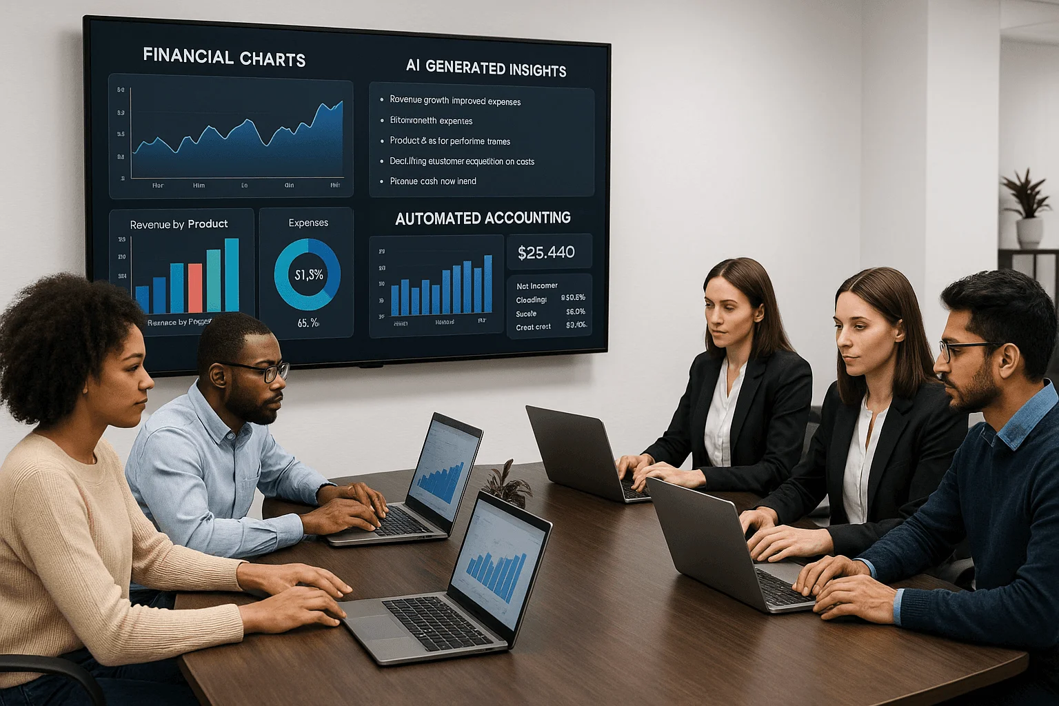 Modern startup team reviewing AI-powered financial dashboards and automated accounting insights in office