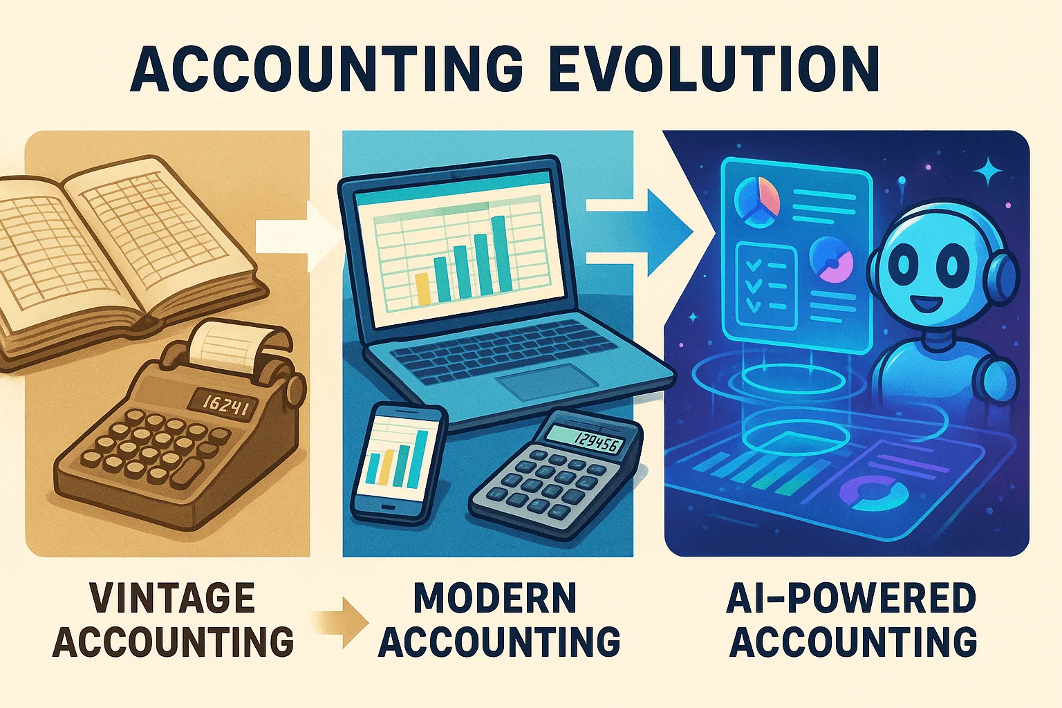 Timeline infographic showing evolution of accounting from manual ledgers to AI-powered automation