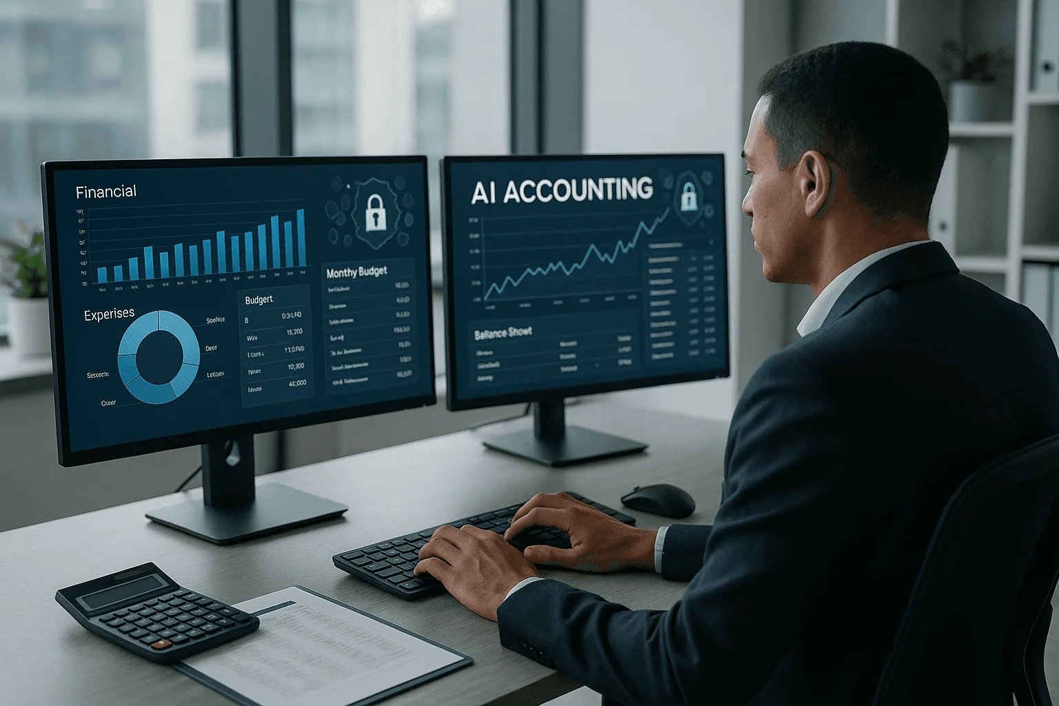 Professional accountant using AI-powered accounting software in modern office with secure financial data dashboards displayed