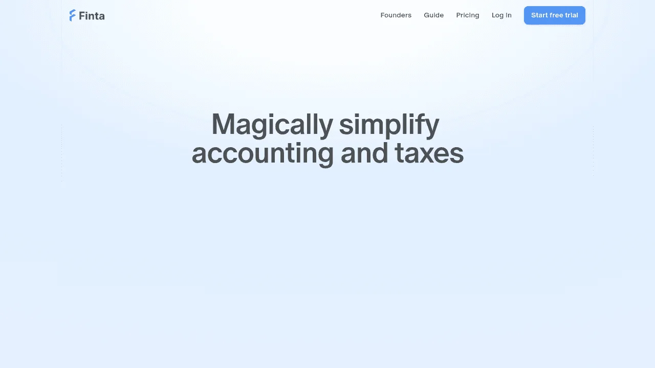 Finta homepage screenshot showing startup-focused bookkeeping platform interface and key features for early-stage companies